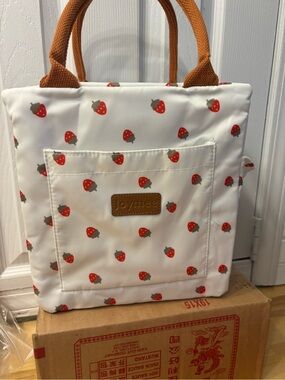 Lunchbag Tote Red Strawberry Print and Tan Handles